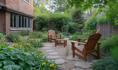 Obraz premium Charming garden patio with wooden furniture, creating a peaceful and stylish outdoor retreat