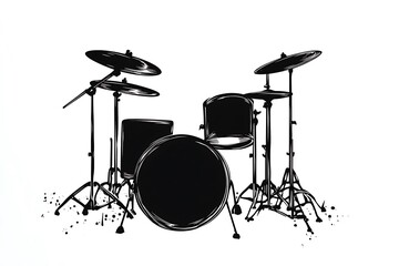  Cartoon sketch drawing of a drum set in black silhouette, isolated on a white background, Isolated drum illustration, Clipart for drum kits 