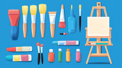 Fototapeta premium Art tools for painting studio and school concept. Cartoon vector illustration set of artist equipment and stuff - wooden easel with paper for drawing, paint in tube, pencil, spatula and brush in glass