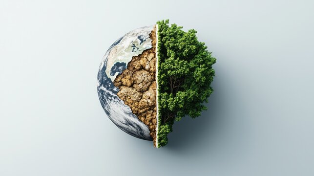 A half-earth image showing contrasting landscapes: one side barren and cracked, the other lush and green, symbolizing environmental change and sustainability.