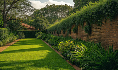 Fototapeta premium Earthy-toned clay brick wall with green surroundings, bringing a nature-inspired, tranquil atmosphere