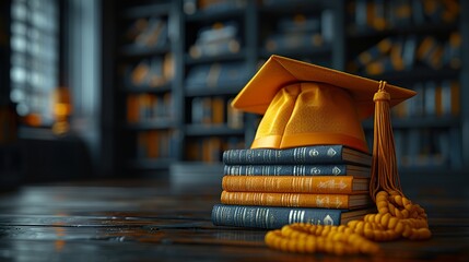 Graduation hat and stack of study books. Concept of learning, education and graduation with copy space for text.  HD 8K ramzan wallpaper Photographic Image