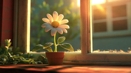 A white flower is in a pot on a windowsill