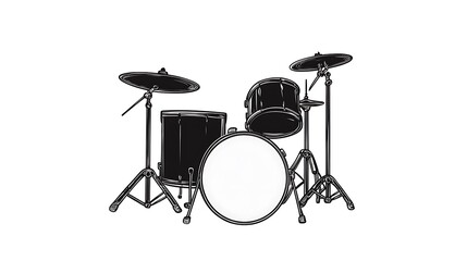  Cartoon sketch drawing of a drum set in black silhouette, isolated on a white background, Isolated drum illustration, Clipart for drum kits 
