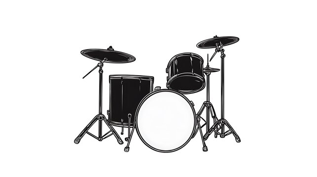  Cartoon sketch drawing of a drum set in black silhouette, isolated on a white background, Isolated drum illustration, Clipart for drum kits 
