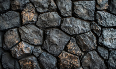 Obraz premium Stone wall with rough-textured dark volcanic bricks, ideal for bold, rugged outdoor spaces