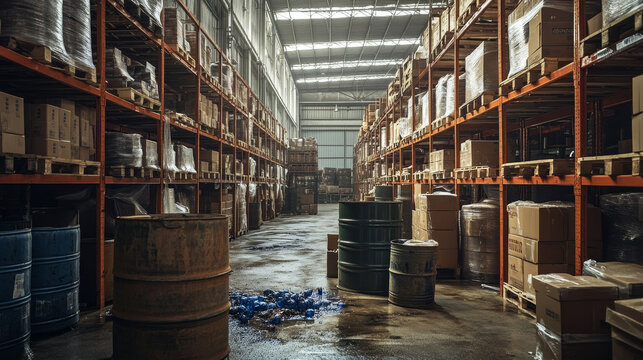Abandoned factory box warehouse storage interior. Messy store stockroom rack with cargo and goods parcel to delivery. Toxic liquid supply in broken barrel. Dirty building hangar with bulb light