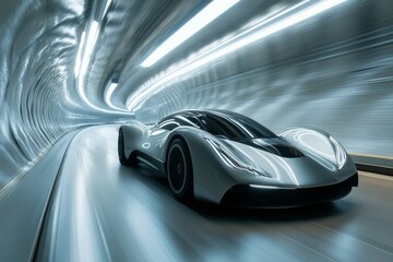 Obraz premium Silver car speeds through a futuristic tunnel with dynamic lighting effects