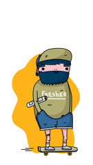 Bearded character in a cap with a newspaper on a skateboard and a spot on the background. Cool going forward. iphone wallpaper