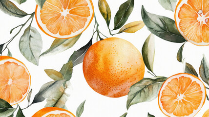 A painting of oranges and leaves