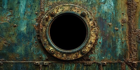 Rusted metal window with a hole in the middle