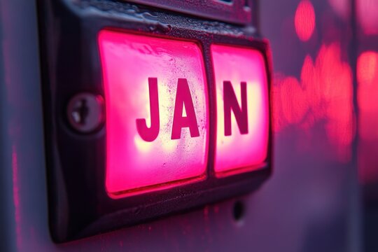 JAN Vintage Calendar Switch Illuminated in Soft Pink Light Close-up