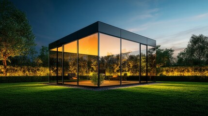Obraz premium Modern Glass House Surrounded by Lush Greenery at Dusk