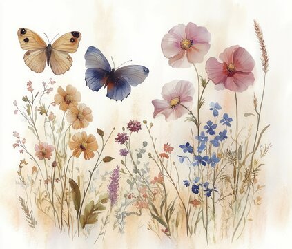 Fototapeta Delicate Watercolor Painting of Wildflowers and Butterflies with Dandelions and Dried Meadow Plants
