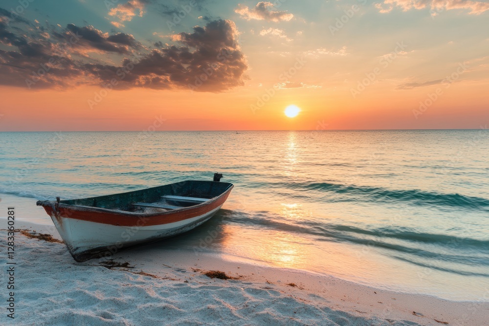 Poster sunset over calm waters with a boat resting on the sandy beach at a tropical location. generative ai