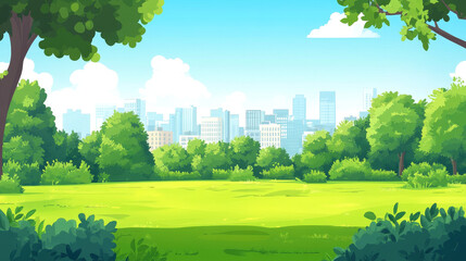 Green lawn, bushes, trees and town buildings on skyline. Vector parallax background for 2d animation with cartoon illustration of summer landscape of city park or garden