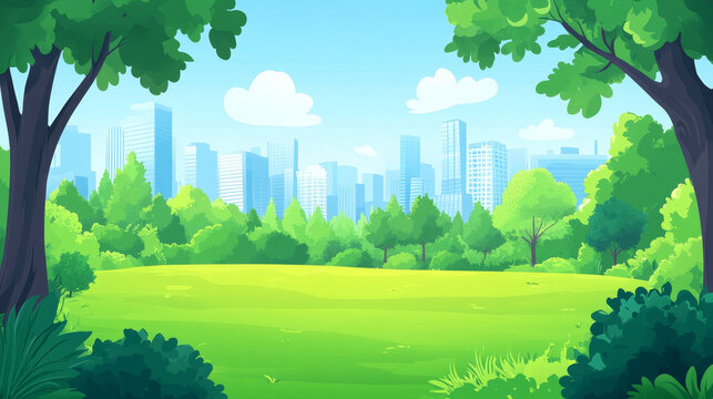 Green lawn, bushes, trees and town buildings on skyline. Vector parallax background for 2d animation with cartoon illustration of summer landscape of city park or garden