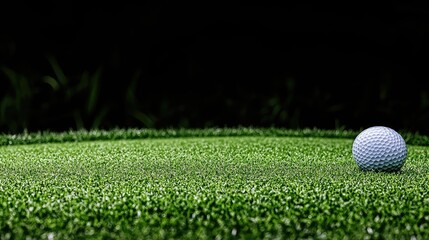 Golf ball on putting green, dark background, leisure activity, sports photography