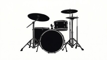  Cartoon sketch drawing of a drum set in black silhouette, isolated on a white background, Isolated drum illustration, Clipart for drum kits 