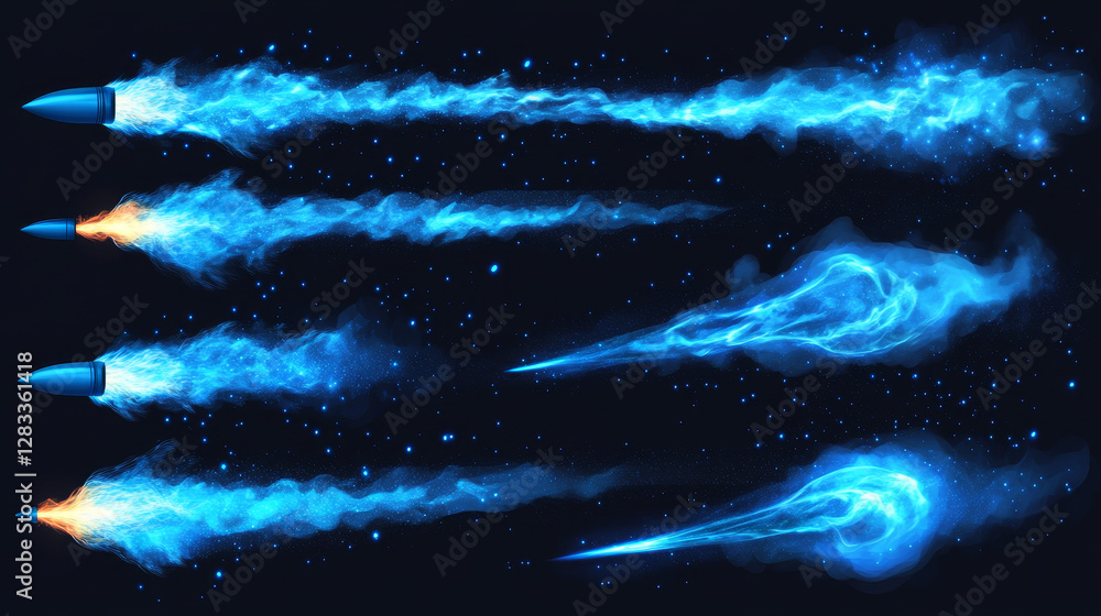 Poster blue fire trails of jet or rocket flight isolated on transparent background. jetpack or spaceship la