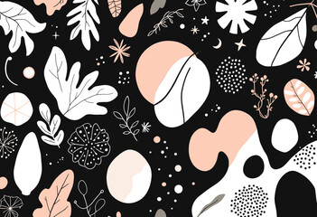 a variety of abstract shapes and designs, including leaves, flowers, and dots, all set against a black background.