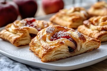 Apple Pastry with Strawberry Jam and Powdered Sugar on White Plate