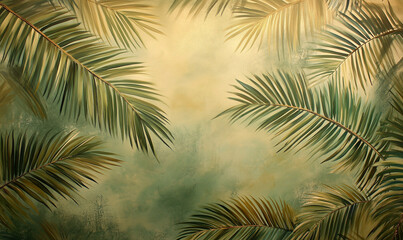 Exotic tropical-themed wallpapered wall adorned with vibrant palm leaf motifs, inspiring island escape and paradise