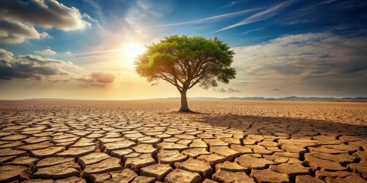 A parched and cracked earth landscape with a single tree standing tall amidst the dryness, earthy tones