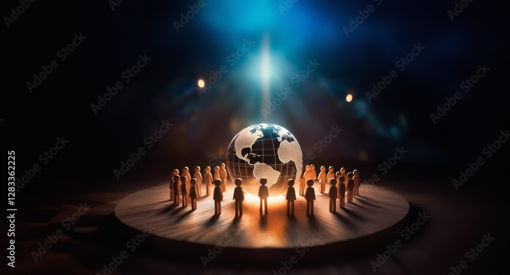 Aufkleber Illuminated globe on a circular platform is surrounded by figures.  A bright light shines down in a dark environment, creating a stage-like scene.