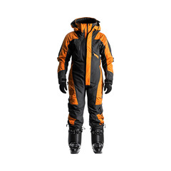 Black and Orange Protective Thermal Suit for Skiing Isolated on Transparent Background