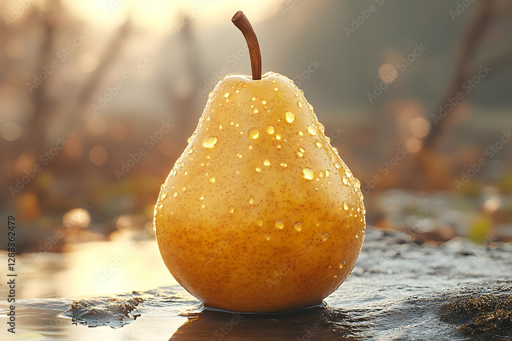 Poster golden pear with dew droplets displayed on a wet surface with bokeh background natural lighting for 