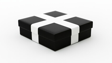 A black and white box with a white ribbon