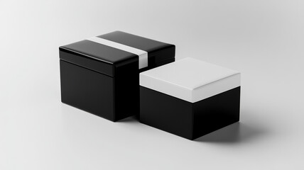 Two boxes are on a white surface