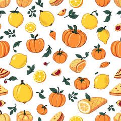 a variety of fruits and vegetables, including lemons, pumpkins, oranges, and strawberries, arranged in a repeating design.