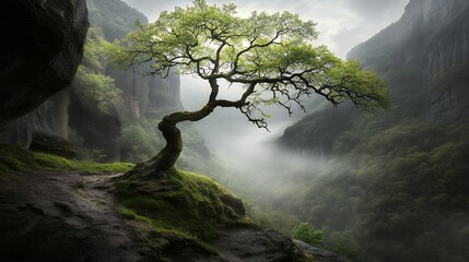 Bonsai Tree on Rocky Cliff with Lush Foliage and Misty Mountain Background