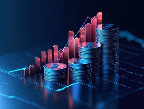 Financial Growth Chart 3D Abstract Design with Investment Graph and Increasing Profit Bars Under Soft Blue Light