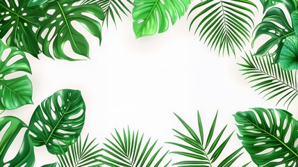 Lush Green Tropical Leaves Frame on White Background