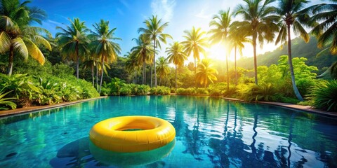 Obraz premium Escape to paradise with this inflatable yellow swim ring. Palm trees and sunshine await your tropical beach vacation!