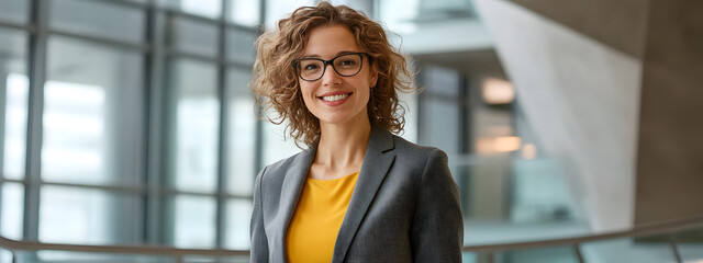 A confident and smiling woman in her late thirties, wearing glasses with dark curly hair
