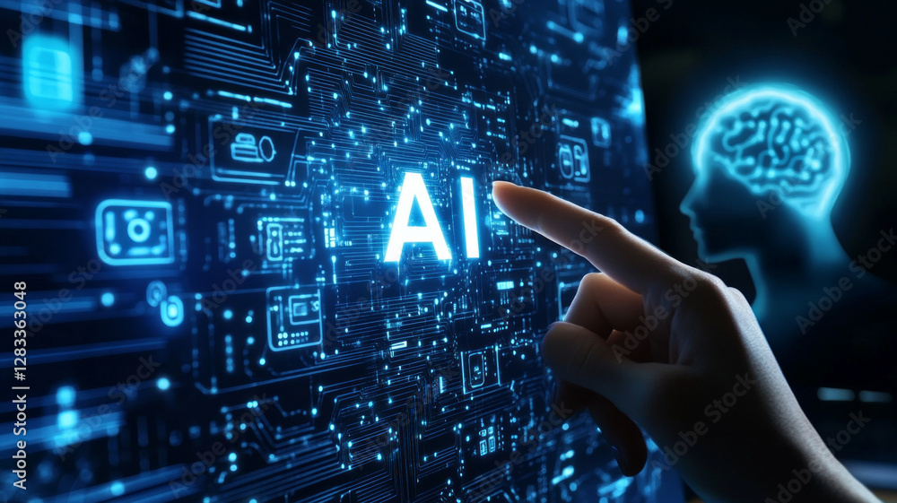 Poster a person is pointing at the word ai on a computer screen
