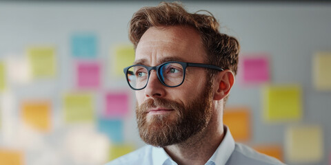 A thoughtful man with glasses and a beard looks away, surrounded by colorful sticky notes in a creative workspace.