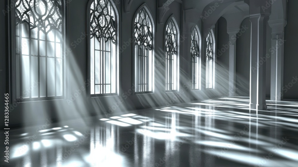 Poster ethereal light streaming through gothic windows in empty hall