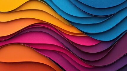 A vibrant display of layered, wavy colored paper in shades of orange, pink, blue, and purple, showcasing a striking blend of textures and hues.