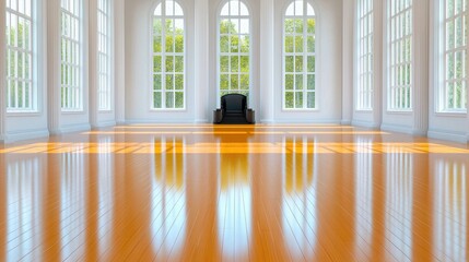 Fototapeta premium Black armchair stands alone in a spacious white hall with polished wooden floors reflecting bright daylight from tall arched windows.
