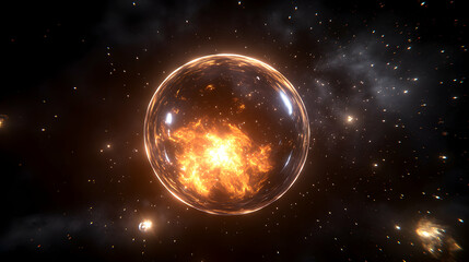 Fototapeta premium Cosmic Inferno, Fiery Orb Glows Brightly in Vast, Starry Expanse. Celestial Energy Burns Vividly Within Translucent Sphere, Illuminating the Dark Universe.