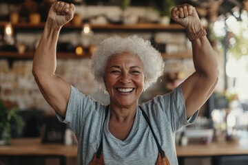 A woman with a big smile on her face is holding her arms up in the air