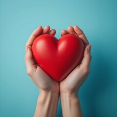 close up hands and blur people, female doctor holding red heart with hands, happiness ,Gesture of Love and Care and relationship in hospital, they feel happy and smiling on light blue background