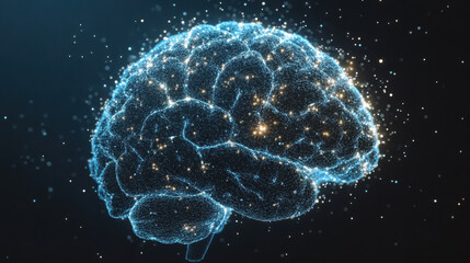 A mesmerizing digital representation of a brain, glowing with blue and white particles against a dark backdrop, symbolizing intelligence.