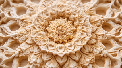 Intricate Wooden Carving Featuring Floral and Geometric Patterns