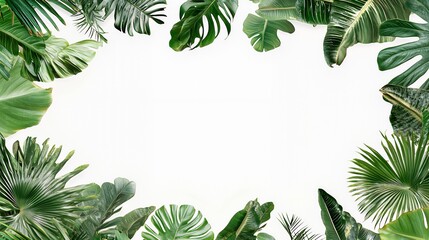Lush Green Tropical Leaves Frame on White Background